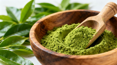 Green matcha powder and tea leaves