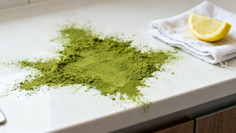 Green matcha powder staining a white surface.