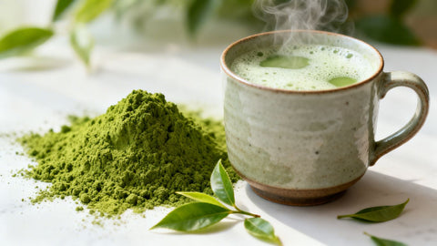 Matcha tea and powder with scattered leaves.