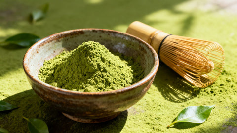 Vibrant green matcha powder in a bowl with a whisk.