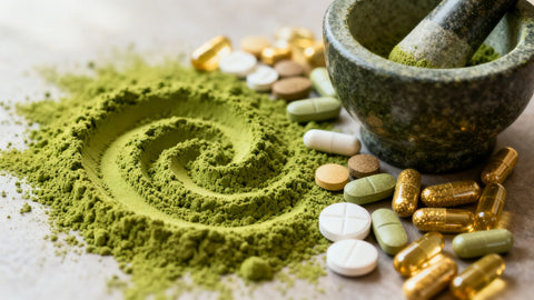 Matcha powder and various pills, suggesting medication interactions.