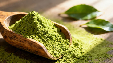 Green matcha powder in a wooden scoop with scattered leaves.