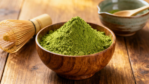 Bowl of organic matcha powder with whisks