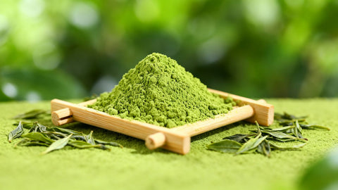 Bowl of matcha powder with bamboo scoop and tea leaves.