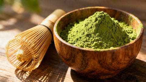 Premium matcha green tea powder in a bowl with whisks.