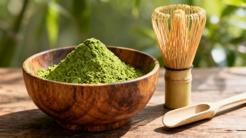 Organic matcha powder in a wooden bowl with whisks.