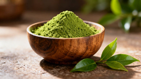 Matcha powder in a bowl with green tea leaves.