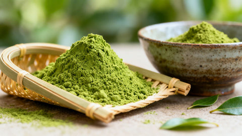 Bowl of vibrant green matcha powder with bamboo scoop.
