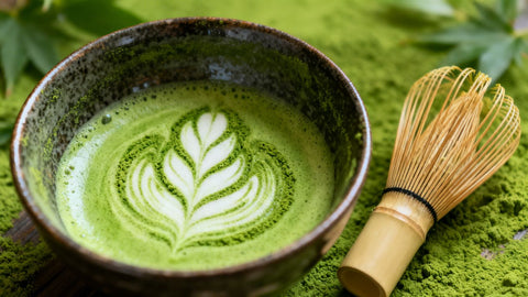 Green matcha powder in a bowl with a whisk.