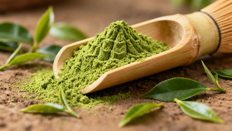 Vibrant green matcha powder in a bamboo scoop with tea leaves.
