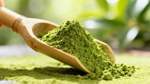 Close-up of vibrant green matcha powder in a bamboo scoop.