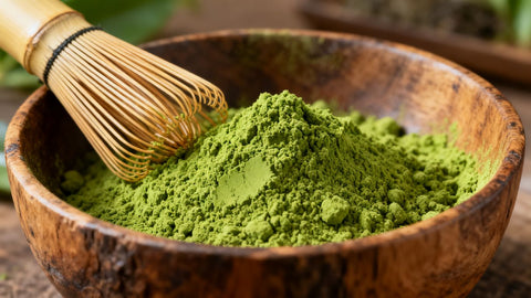 Premium organic bulk matcha powder in a wooden bowl with whisk.