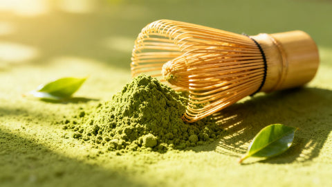 Matcha powder in a bamboo whisk with tea leaves.
