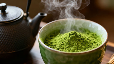 Matcha powder and steaming kettle