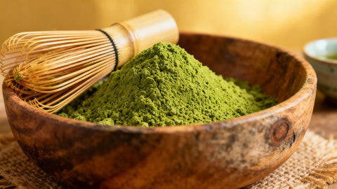Bulk organic matcha powder in a wooden bowl with whisks.