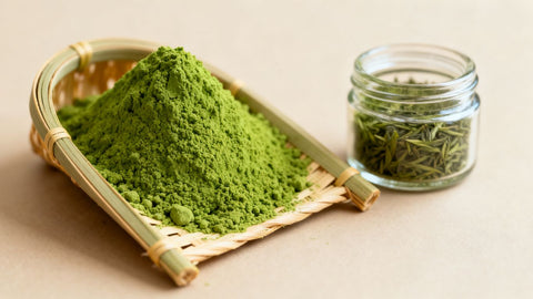 Vibrant green matcha powder in a bamboo scoop and jar.