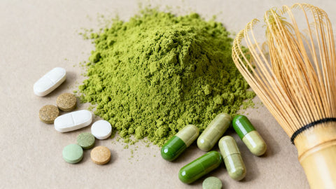 Matcha powder and medication pills