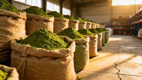 Bulk matcha powder sacks in warehouse