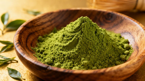 Starbucks matcha powder in a wooden bowl with tea leaves.