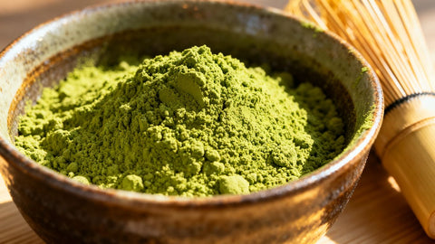 Bowl of vibrant green matcha powder with bamboo whisk.