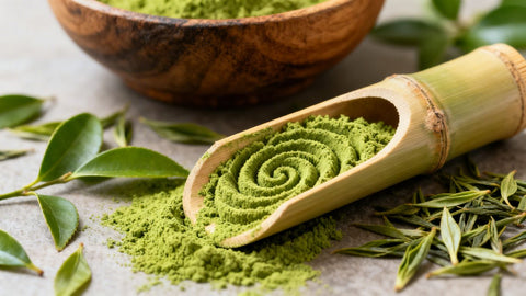 Premium matcha tea powder and leaves