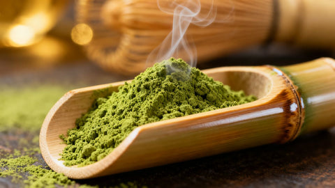 Matcha powder in a bamboo scoop