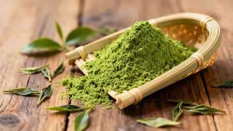 Matcha powder in a bamboo scoop with scattered leaves.