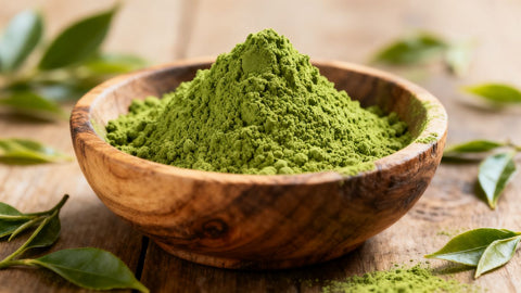 Vibrant green matcha powder in a wooden bowl with scattered tea leaves.