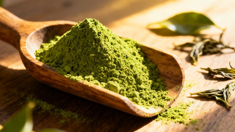 Bulk matcha tea powder in a wooden scoop.