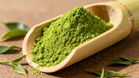 High-quality matcha green tea powder in a bamboo scoop.