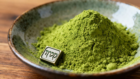 Matcha powder and a kosher certification stamp.