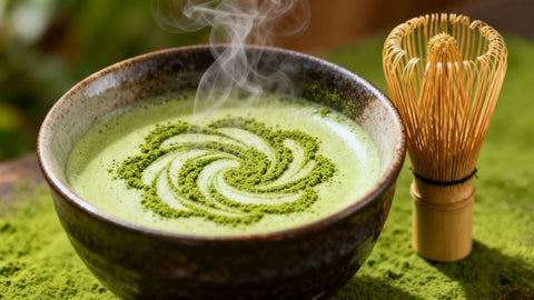 Green matcha powder in a bowl with a whisk.