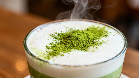 Dunkin' matcha latte with green powder and foam.