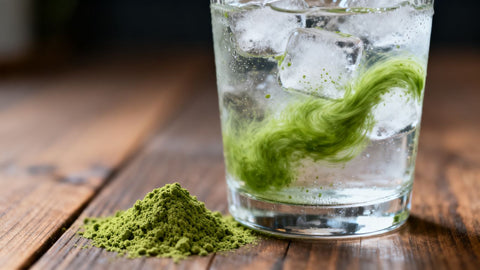 Matcha powder dissolving in cold water with ice.