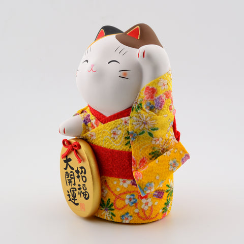 Yakushigama Chirimen Kimono Lucky Cat (Maneki-Neko)